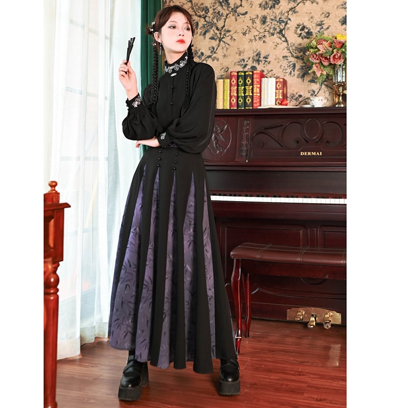 [Kokaisha --- Bamboo Series] ★China style skirt★ Switchable bottoms, bamboo pattern, slimming, easy to match, black, purple