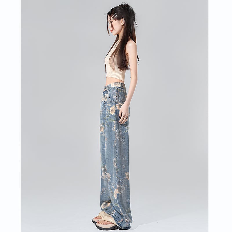 [XURU series] ★Denim pants★ Bottoms Trousers Floral pattern slimming ladies Blue Blue XS S M L XL