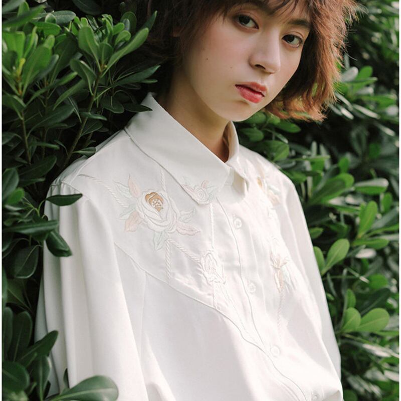 [Yang's Great Dream Series]★China Style Shirt★ Tops Embroidery Bubble Sleeves Short Sleeves White White Improves Temperament