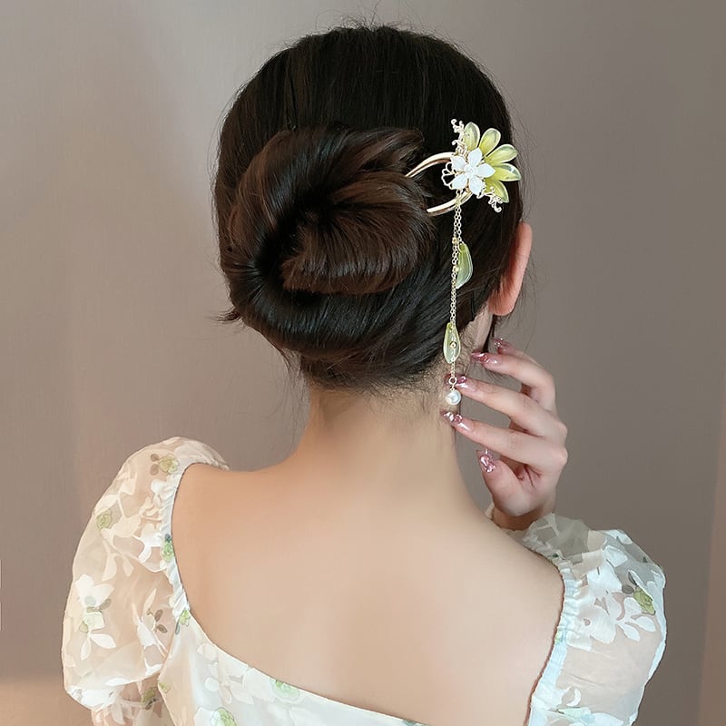 [Tae Series] ★China style hair ornament★ 1 hairpin, old-fashioned women's accessories, fringe, flower, green, white, cute