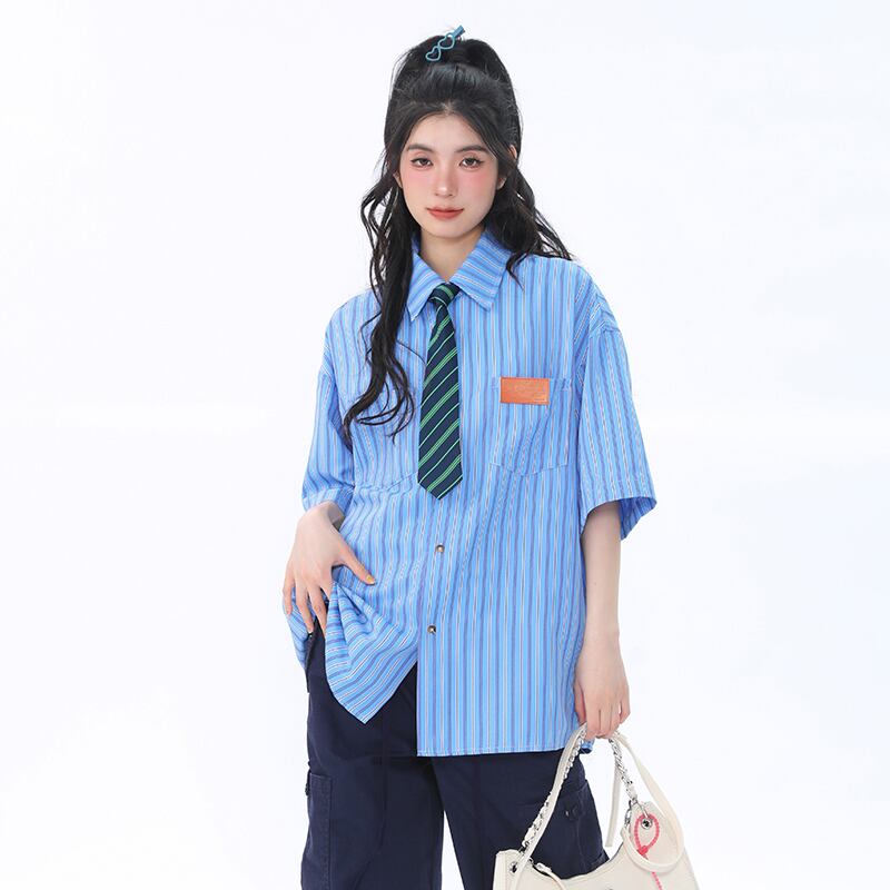 [Escaped Earth Series]★Shirt with tie★ 3color tops, short sleeve shirt, unisex, men's, vertical stripes, striped pattern, loose fit