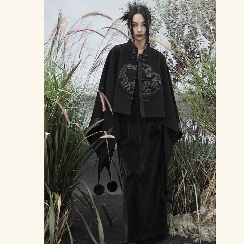 [Da Qinglong Shu Series] ★China style outerwear★ Cloak coat Rasha embroidery Chinese clothing Black Black Irregular