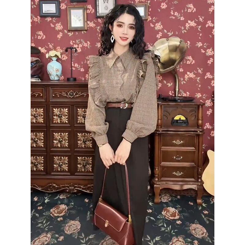 [Misslin Fashion Series]★Setup Single item order★ Shirt or skirt Improves temperament Plaid pattern Brown Dark coffee color