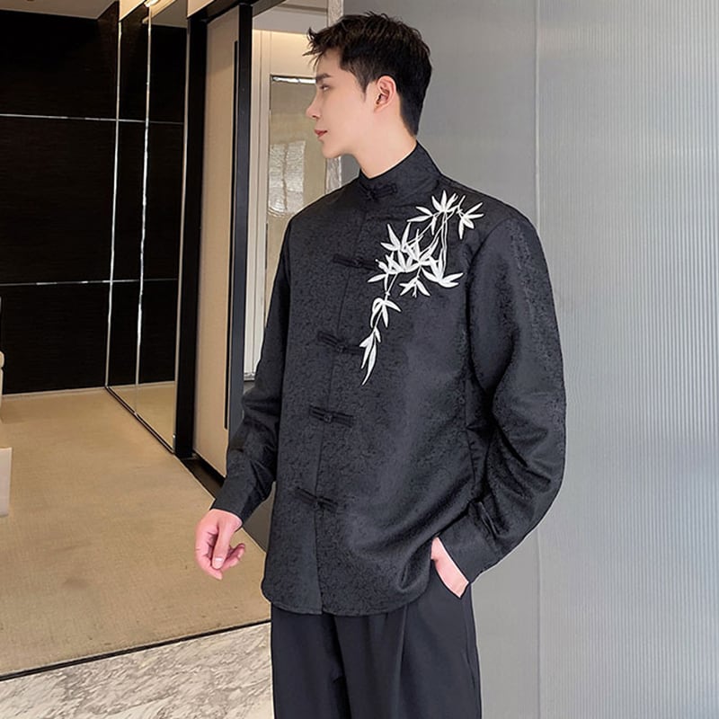 [Illustrated Series]★China Style Shirt★ Embroidery Bamboo Bamboo Embroidery Tops Long Sleeve Shirt Unisex Men's Black Black