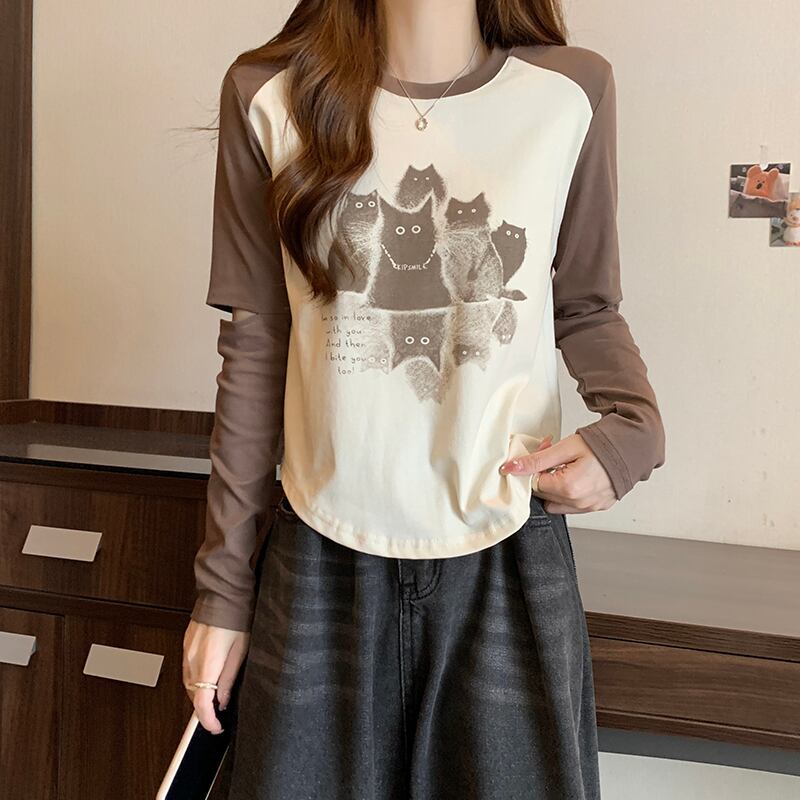 [XIMILU Series]★T-shirt★ 3color Tops Long Sleeve Cat Cat Cat Slimming Slim Black White Brown