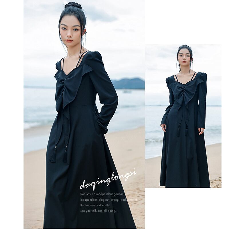 [Big Blue Dragon Series] ★China style dress★ Ribbon dress sexy black long length cute