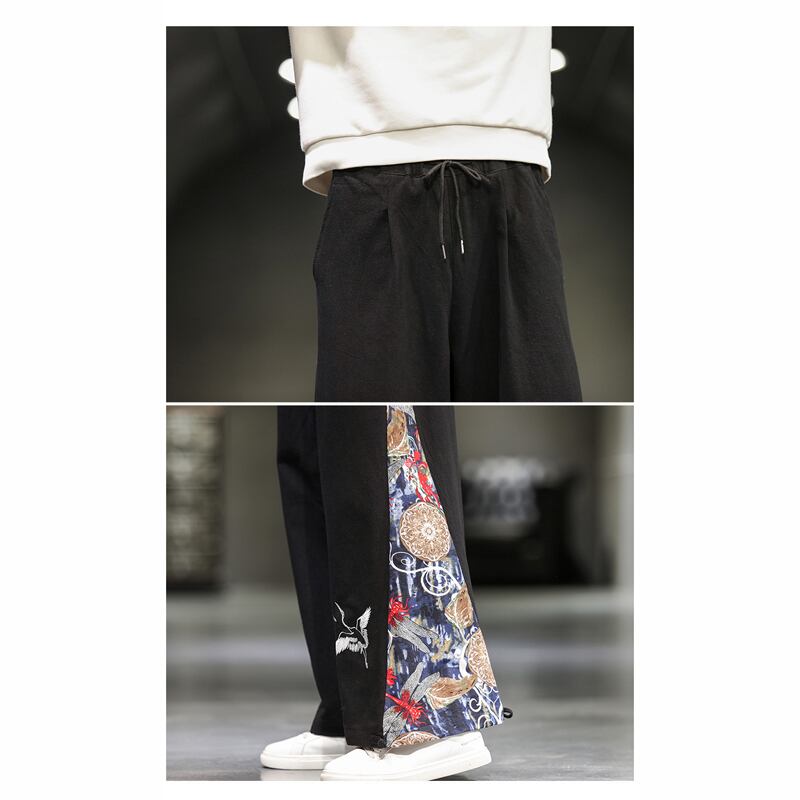 [Tsuncho Series] ★China style pants★ 3color wide pants black navy gray men's large size switching cool