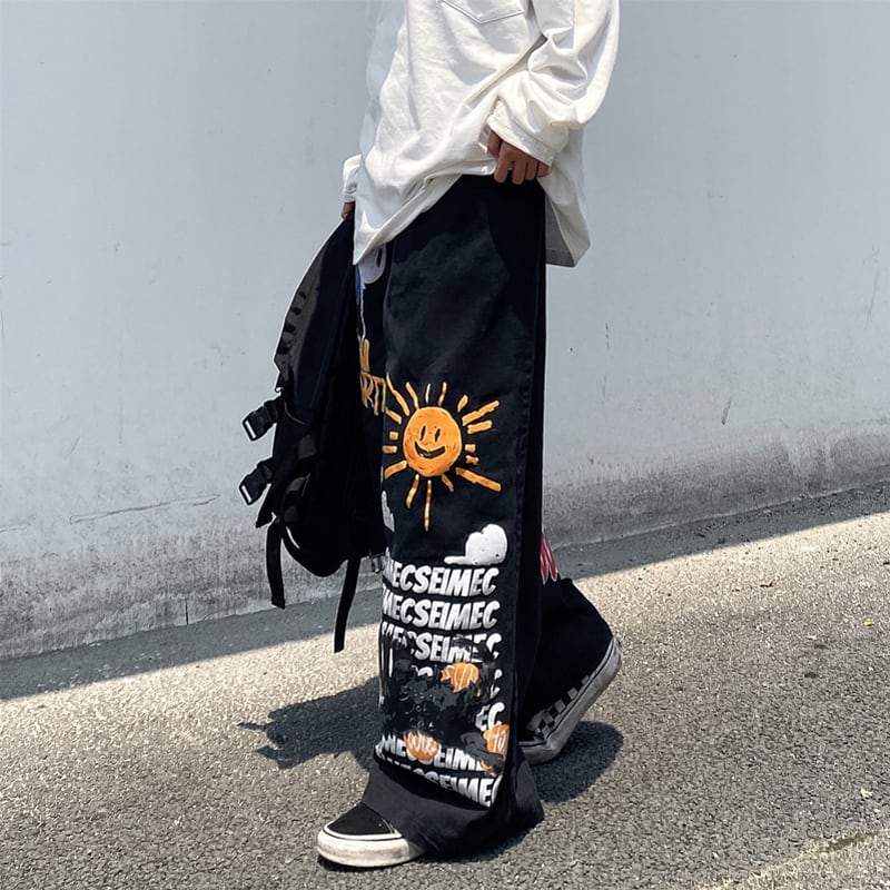 [ulzzang series]★Pants★ Wide pants denim pants black men's sun balloon graffiti cool bright