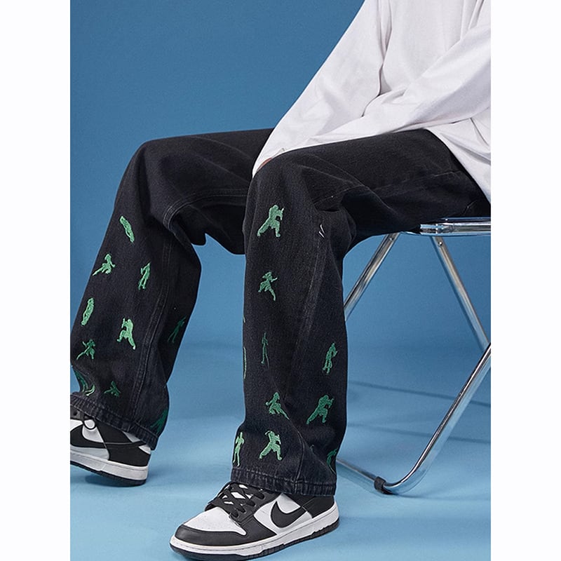 [Vesibo Series]★Denim Pants★ 2color Embroidered Bottoms Pants Unisex Men's Cute Stylish Blue Black