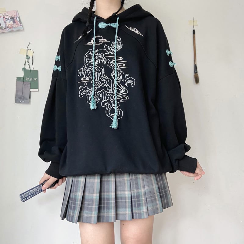 [Ochaya Series]★China style hoodie★ 2color black or white tops embroidery Chinese buttons unisex black white