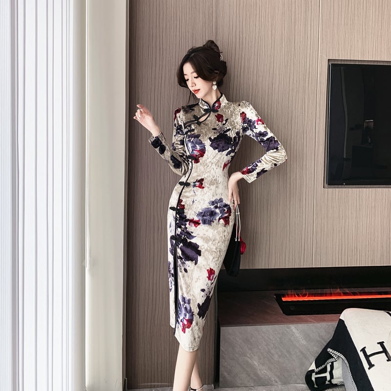 [Hundred Minute Eight Series] ★Cheongsam dress★ Velvet, floral pattern, slimming, sexy, ink pattern dress, improves temperament