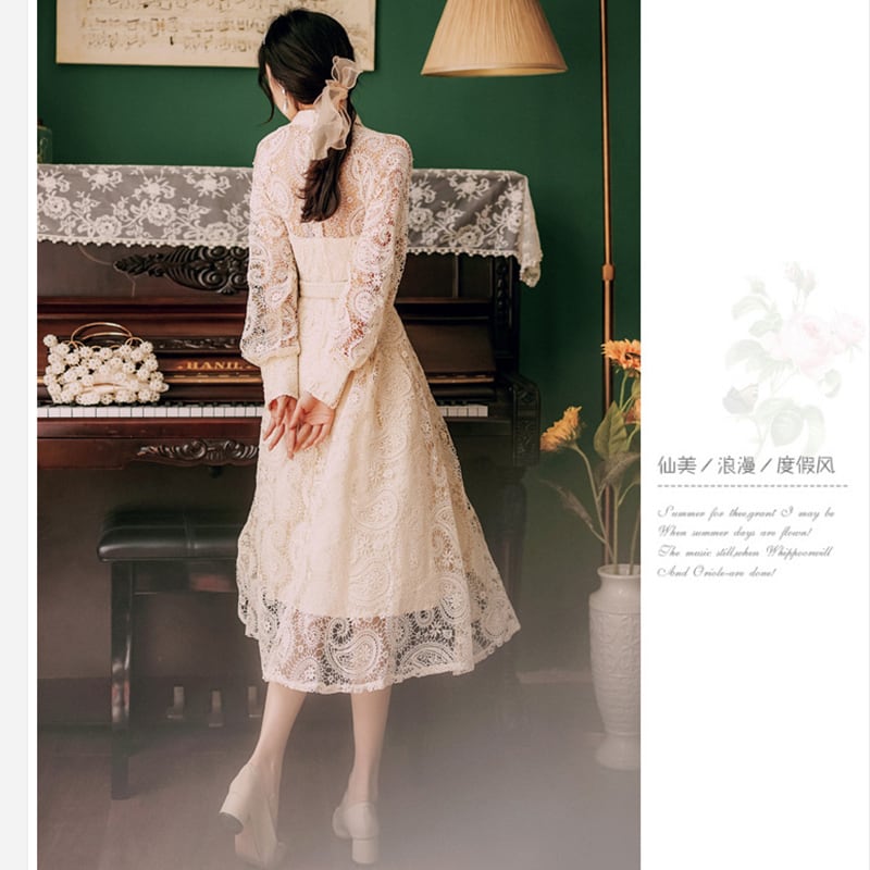 [Kasa no Castle Series] ★China style dress★ 3color black or beige or purple lace dress for dates, weddings, commuting, improving temperament