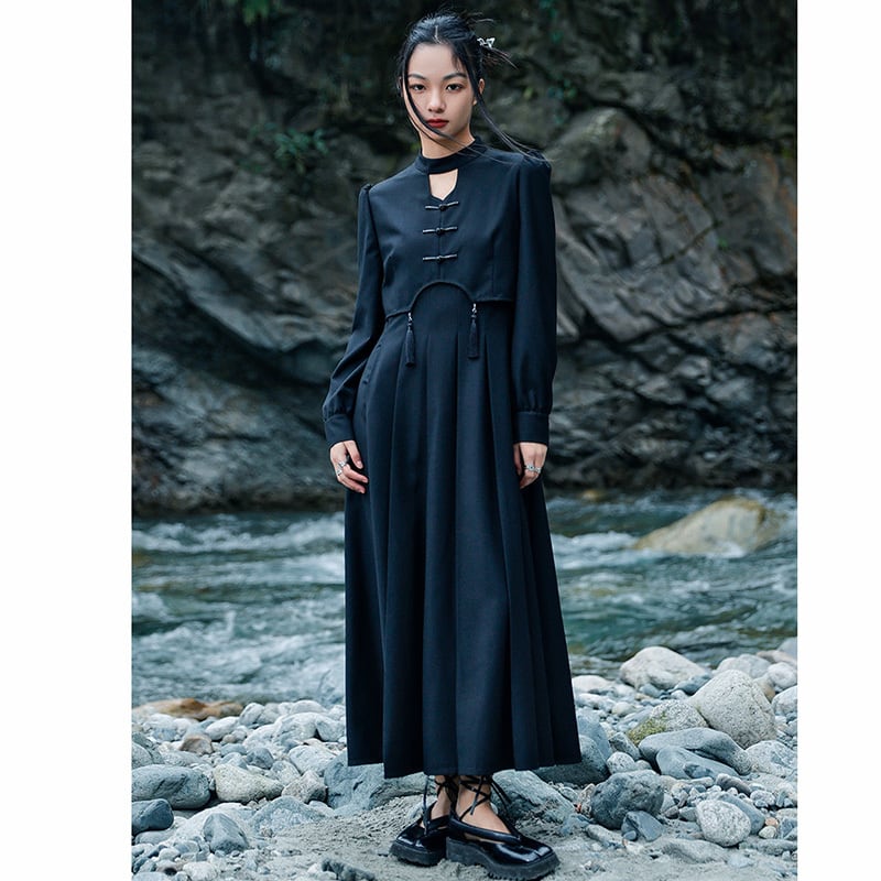 [Big Blue Dragon Series] ★China style dress★ Faux layered retro black black design