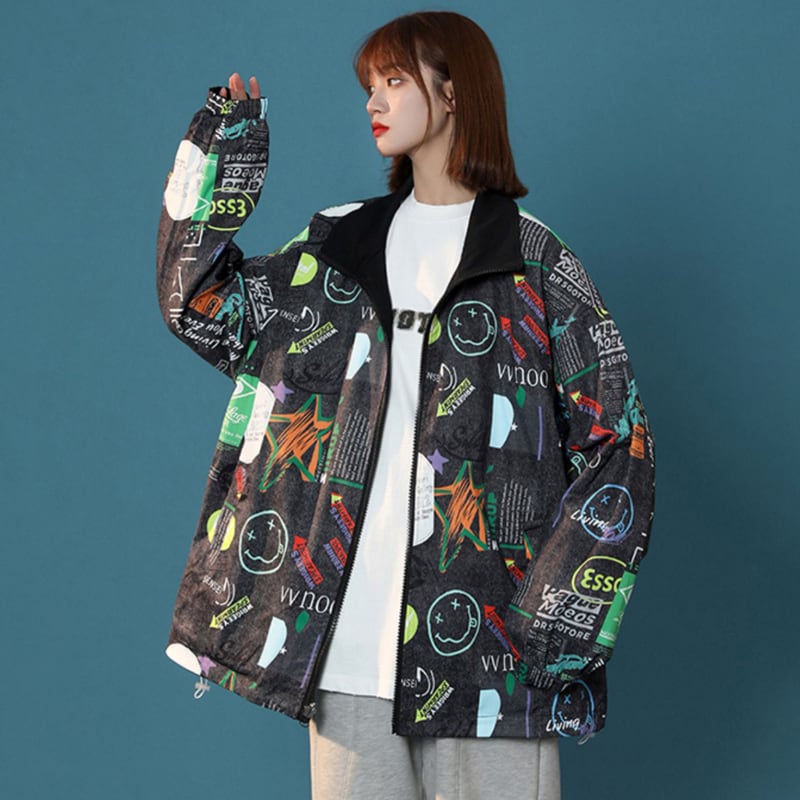 [GEBOXUAN Series]★Jacket that can be worn on both sides★ 2color outerwear, unisex, men's, graffiti print, unique