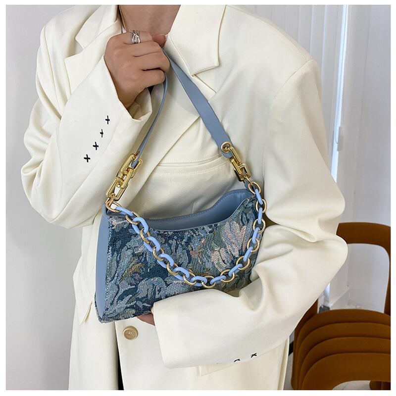 [ANDCICI Series] ★China style bag★ Oil painting style 2color floral pattern cute date commuting OL office blue green