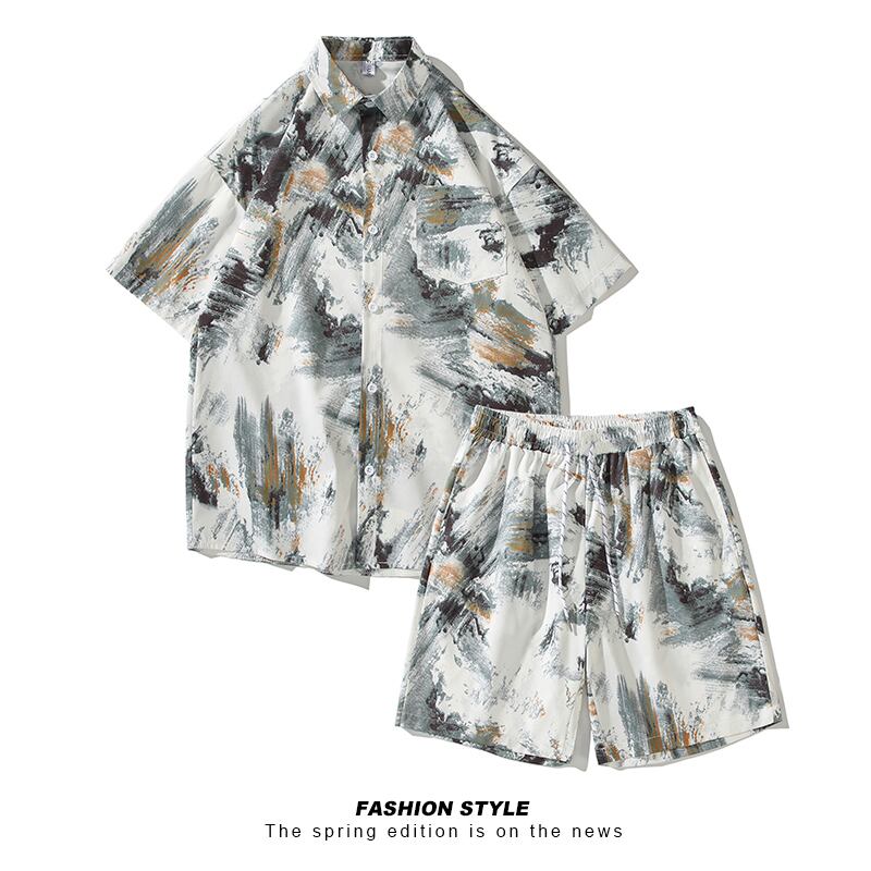 [TIANYI Series]★Setup★ Shirt + Shorts 3color Unisex Men's Large Size Oil Painting Style