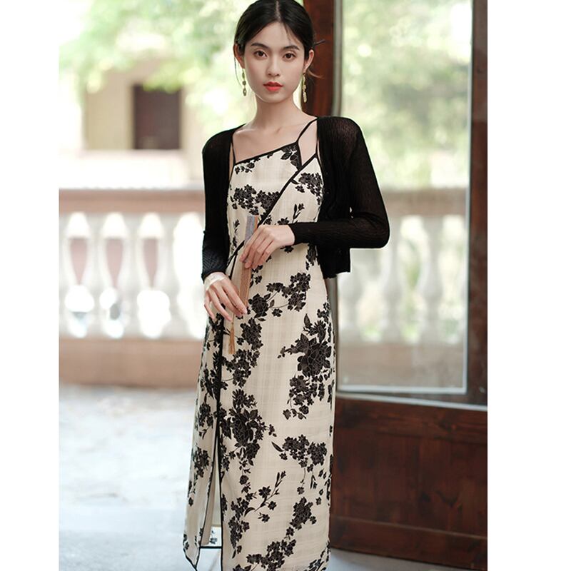 [Ink year flower series] ★China style setup★ 2-piece set Hanging dress + thin outerwear Improves temperament Floral pattern SML