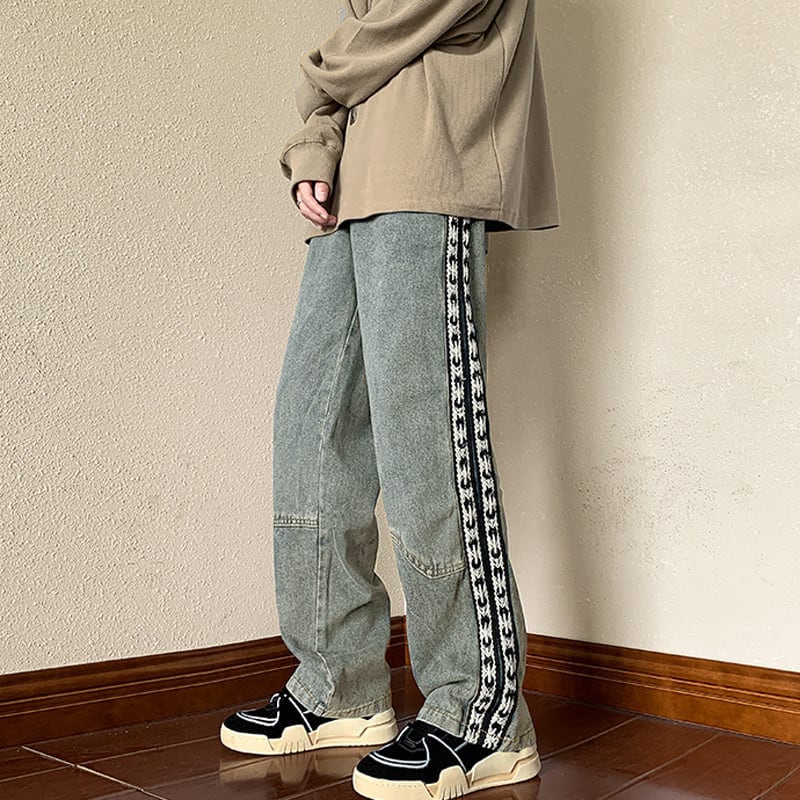 [High Series]★Casual Pants★ 2color Trousers Bottoms Denim Pants Vertical Stripes Plaid Pattern Blue Black