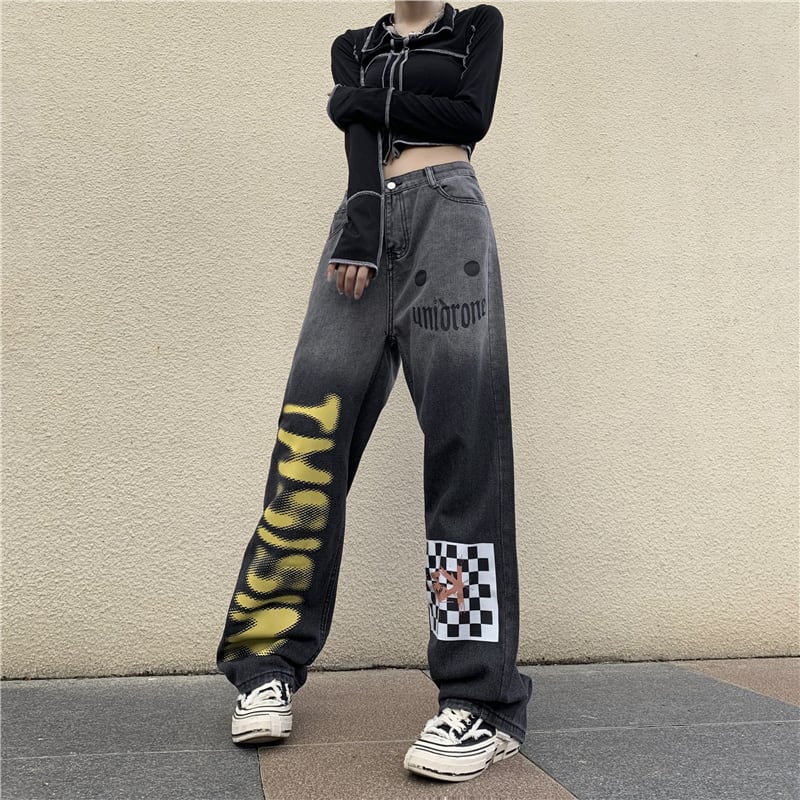 [CHAOHUO series] ★Denim pants★ Bottoms Unisex Check pattern Gray Gray Fashion S M L XL