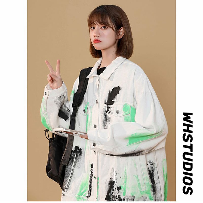 [Fujiiman Series] ★Jacket★ 2color outer denim unisex graffiti unique couple clothes retro oversize