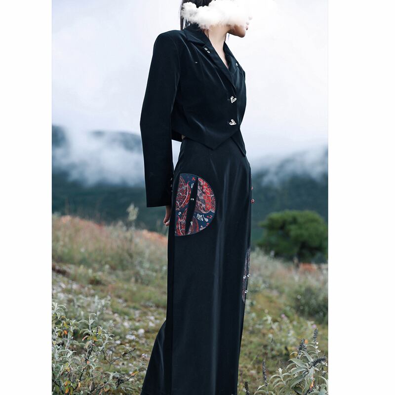 [Big Blue Dragon Series]★China style skirt★ PU skirt Chinese button ethnic style black black slimming wear