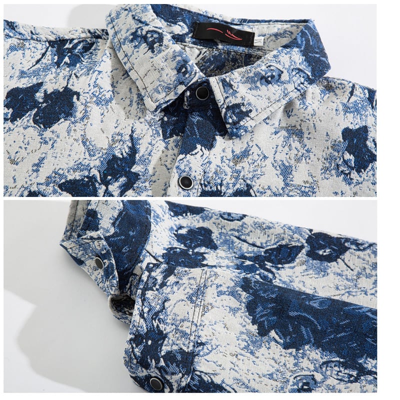 [BOYUE Leeds] ★Retro Shirt★ 2 Color Long Sleeve Shirt Tops Unisex Men's Floral Print Shirt Blue Black