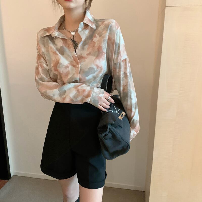 [YOUZI series]★Floral pattern shirt★ 2color tops print oil painting style long sleeve shirt retro SML XL 2XL