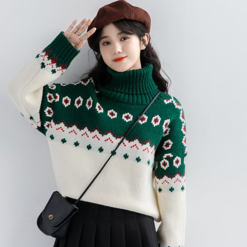 [ZISUO Series]★Sweater★ 2color Tops Christmas Red Green High Neck Thick Warm