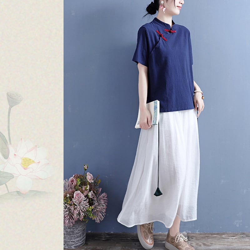 [Qing series]★Chinese style tops★ 3color color scheme Chinese clothes summer improved Tang clothes retro navy black white