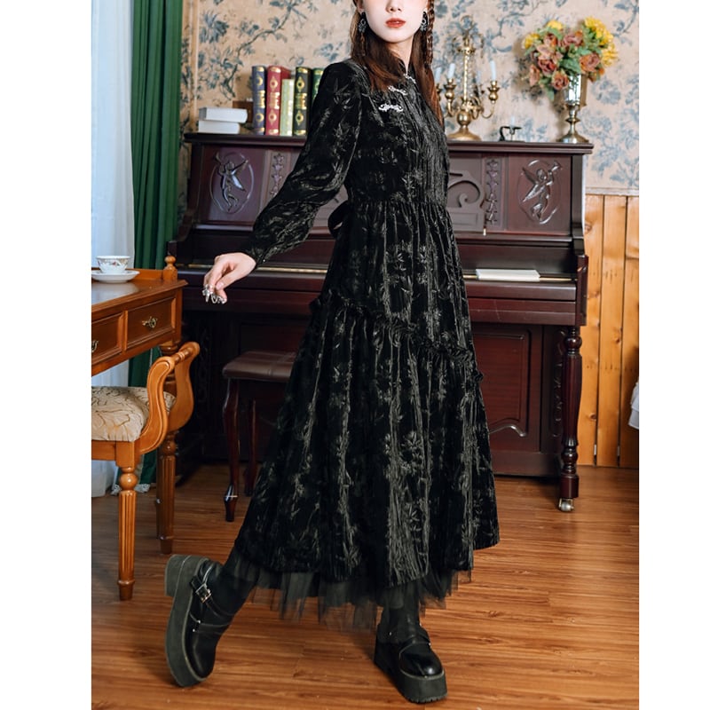 [Kokaisha --- Chichiku Series] ★China style dress★ Velvet thick black black long length