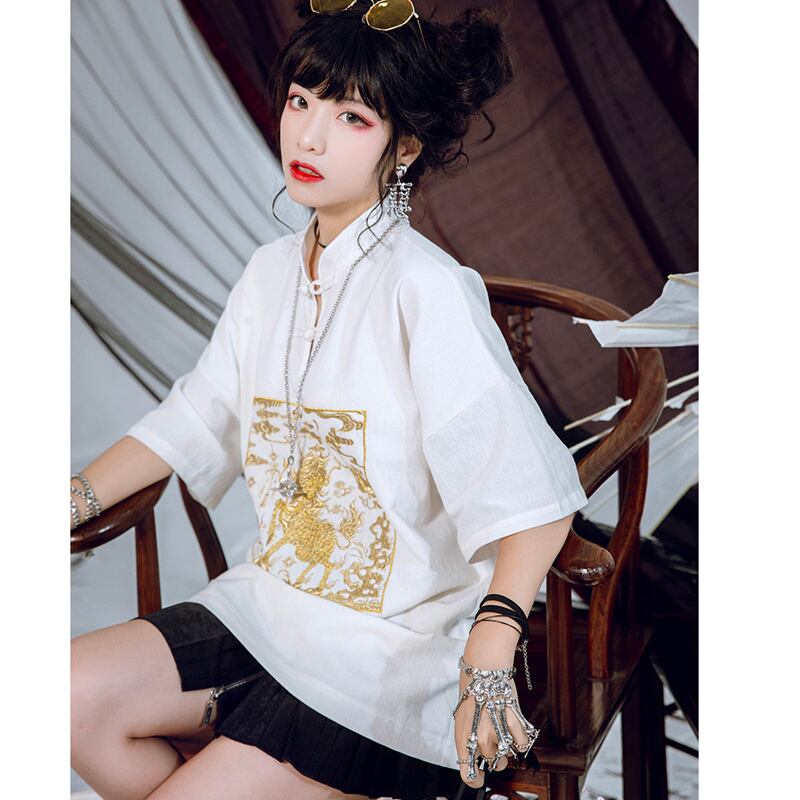 [Kyodo Series]★China style shirt★ 2color black or white original embroidery cotton linen SML XL unisex men's couple clothes