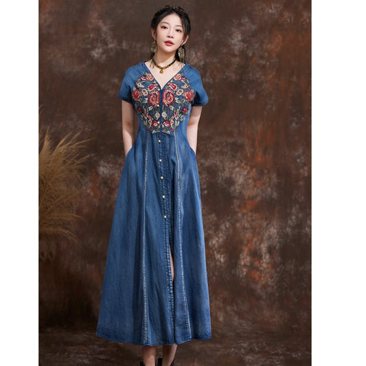 [KAWAYI Series]★Chinese style dress★ Embroidery Ethnic style V-neck Chinese clothing Tang suit Retro Blue Blue ML XL 2XL