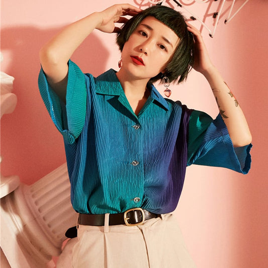 [Yangji Great Dream Series]★Shirt★ Tops Gradient Blue Blue V-neck Short Sleeve Shirt Loose