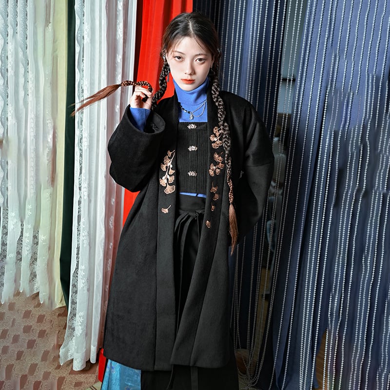 [Kokaisha --- Leaf Series] ★China style coat★ 2color embroidery outerwear long length Hanfu coat black gray