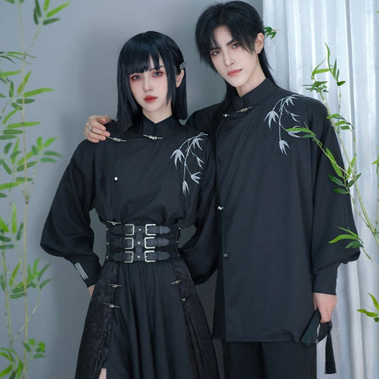 [Kuraho Koya Series]★China-style shirt★China-style tops, long sleeve shirt, bamboo embroidery, unisex, men's black, black