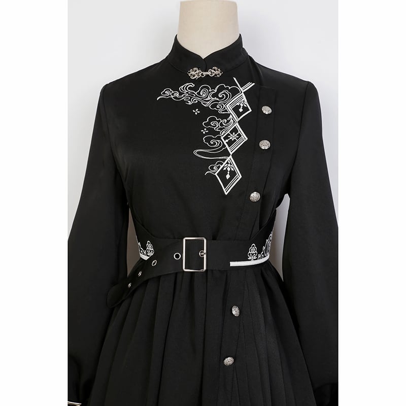 [Dust smoke and cloud dream series] ★China style dress★ With belt, long sleeves, embroidery, black, black SML, slimming, Chinese elements