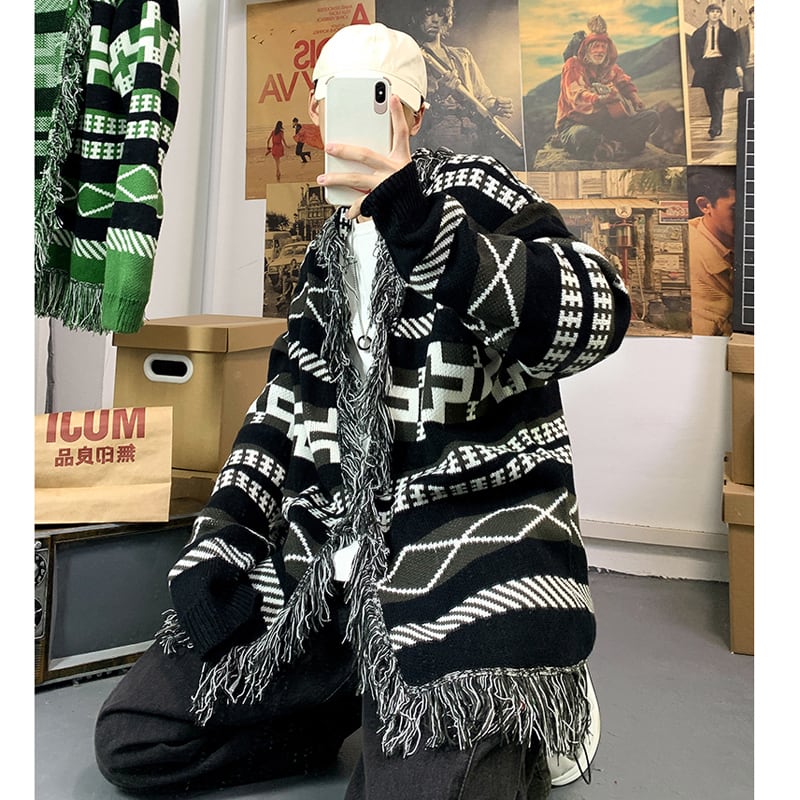 [Gaeteisho Series] ★Cardigan★ 2color Black or Green Sweater Print Unique Fringe Unisex Large Size