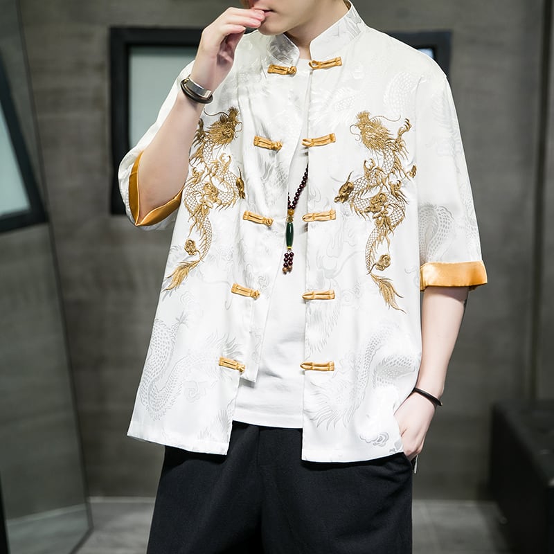 [JUNYI Series]★Chinese Style Shirt★ Embroidery Dragon 2color Unisex Men's Large Size Chinese Clothes Black White