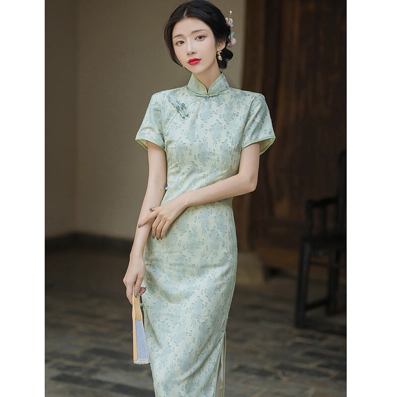 [Queen Series] ★China-style dress★ Improved cheongsam dress Improves temperament Short sleeves Green Green S M L XL