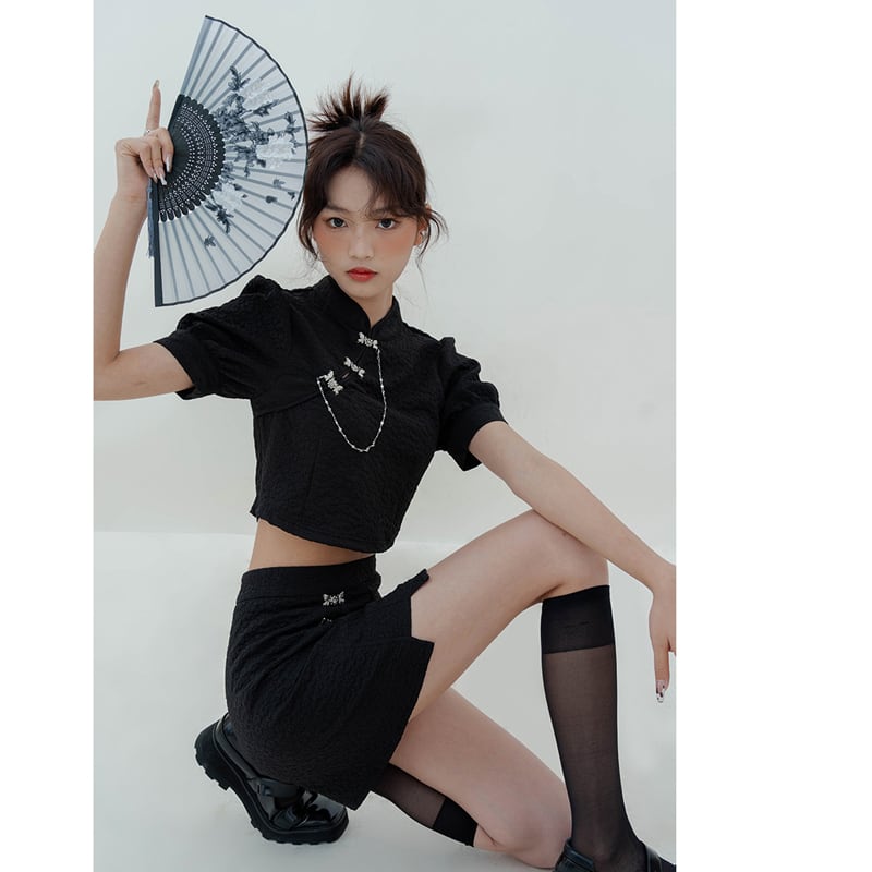 [LOVEHEYNEW series]★China style setup, single item order★ Tops or skirt, slimming black, black