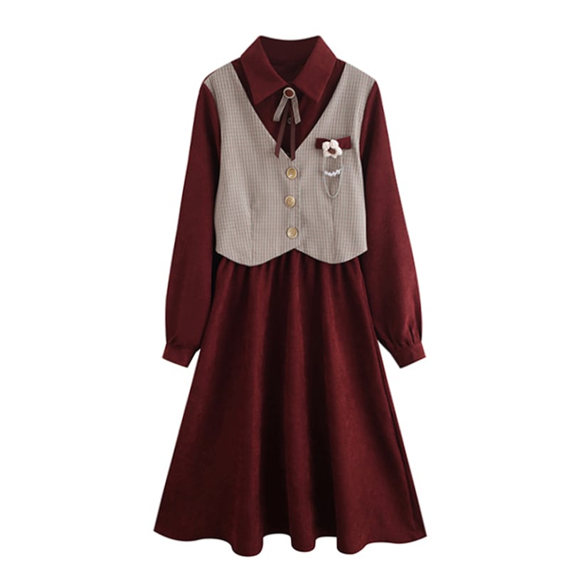 [Minami no Mori Series] ★One Piece★ 2color Faux Layered Fashion Ladies Switching Ribbon Wine Red Khaki Brown