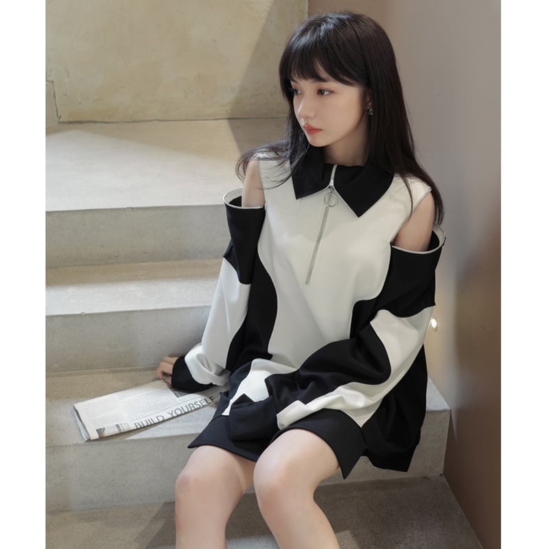 [DEER Choyo Deer Series] ★One piece★ Short length, casual, off-the-shoulder, color scheme Black White Black White S M L XL