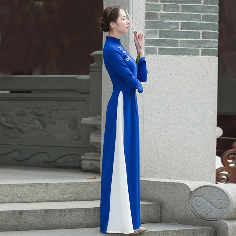 Ao Dai Vietnamese Ethnic Style Long Dress Side Slit Long Sleeve Stand Neck Dress After-Party Bride Thank-you Party Date Invitation Blue Pink Large Size SML XL 2XL