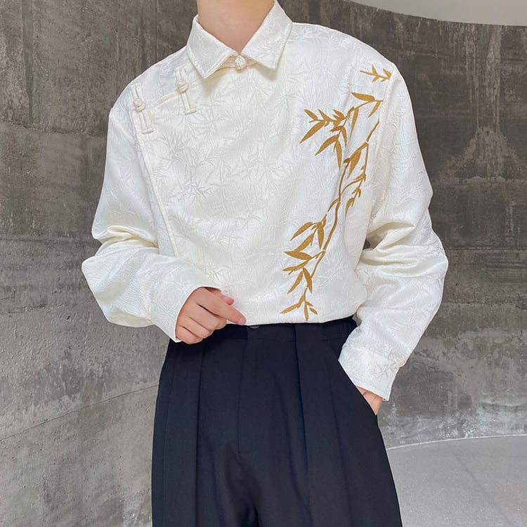 [Illustrated series] ★China style shirt★ 2color tops embroidery bamboo unisex men's black apricot