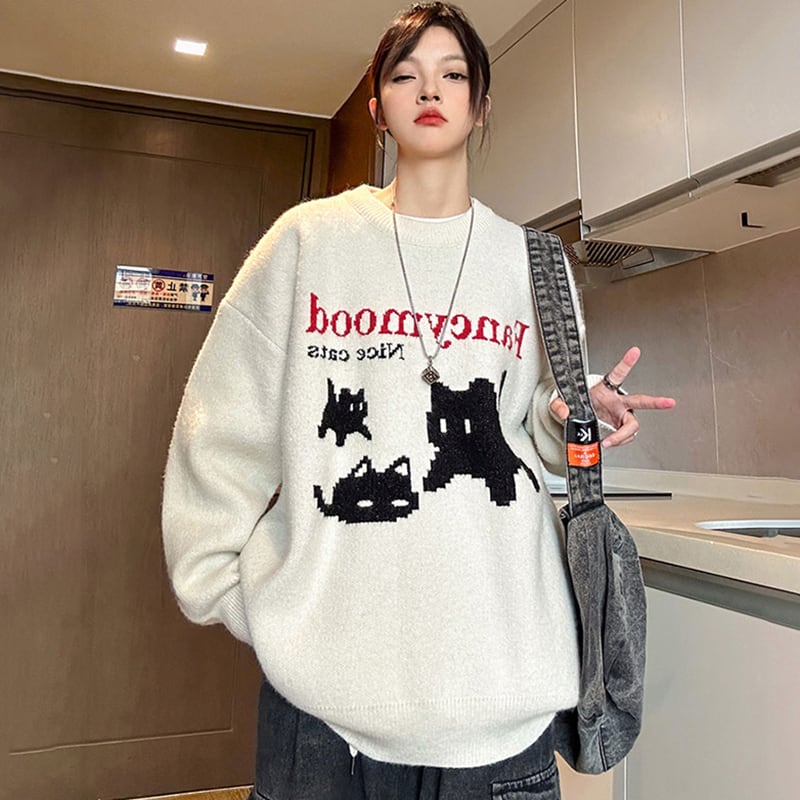 [PPG Series]★Sweater★ 2color Tops Unisex Men's Cat Cat Cute Cartoon Easy to Match