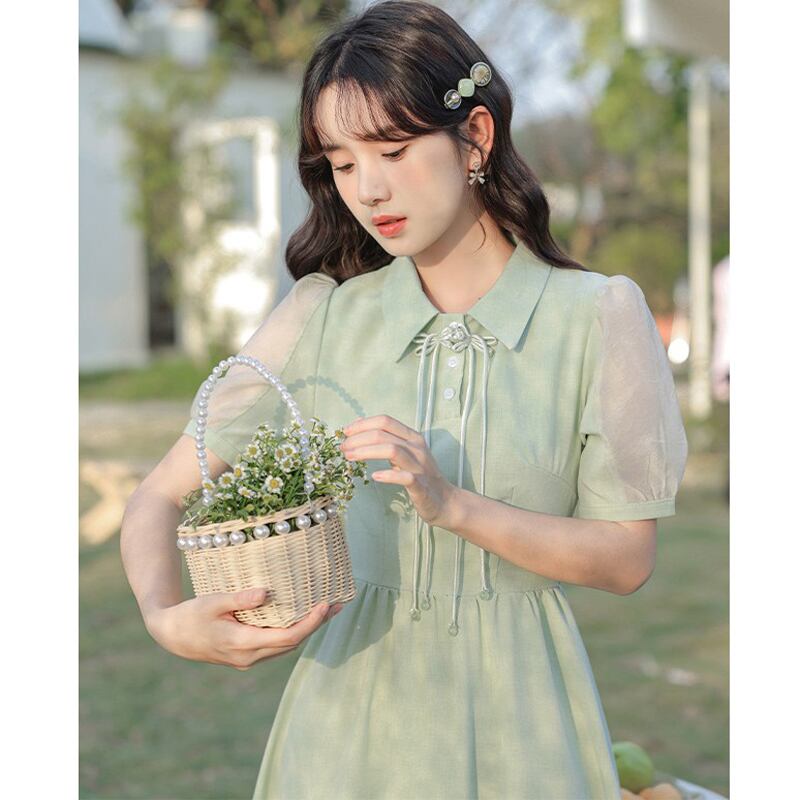 [NANMOSEN Series] ★China style dress★ Short sleeve dress, China button, cute, improves temperament, green