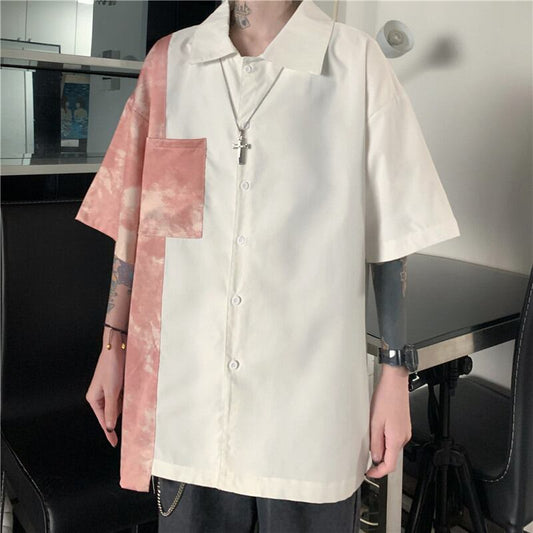 [Style Series]★Shirt★ 2color Tops Oil Painting Style Floral Pattern Switching Short Sleeve Shirt Unisex Men's White Black