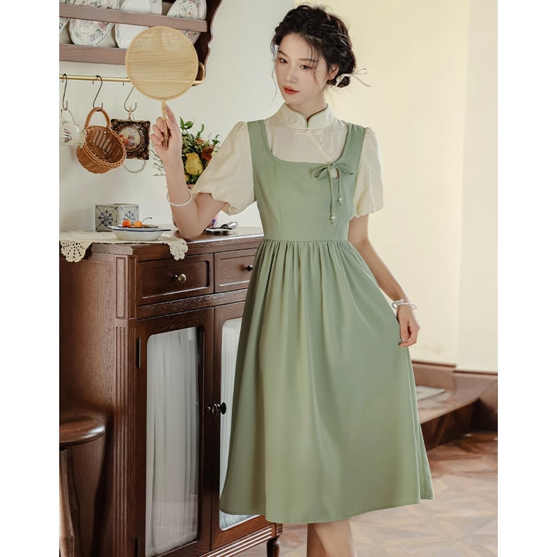 [White Moonlight Series] ★China style dress★ 2color improved cheongsam dress summer clothes fake layered black green