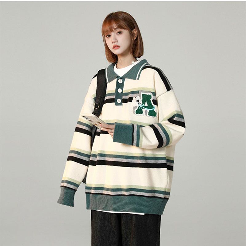 [Ushiomiomi Series] ★Sweater★ 2color Knit Tops Unisex Men's Horizontal Striped Striped Pattern POLO Neck Casual Green Blue