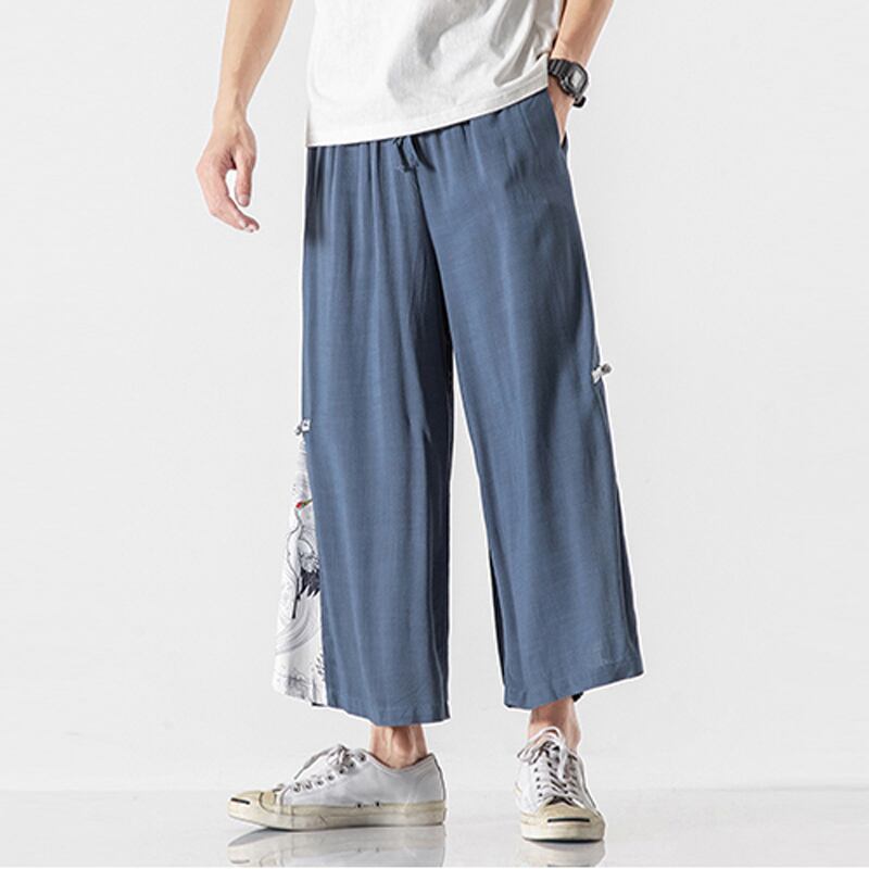 [Mowensai Series]★China style trousers★Men's 3color cotton crane print loose large size black white blue